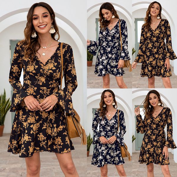 

2020 new style for autumn and winter european and american womens skirt selling printed long-sleeved dress, White;black