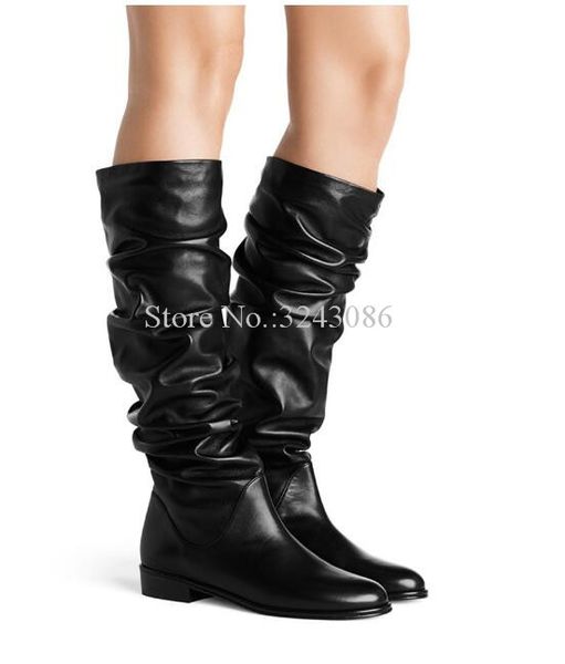 

fashion black leather pleated flat knee high boots women winter round toe casual long boots lady large size dress shoes dropship