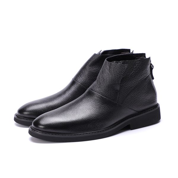 

trend men shoes boots casual soft-sole genuine leather large size cowhide round toe flat comfortable pointed toe ankle rubber, Black
