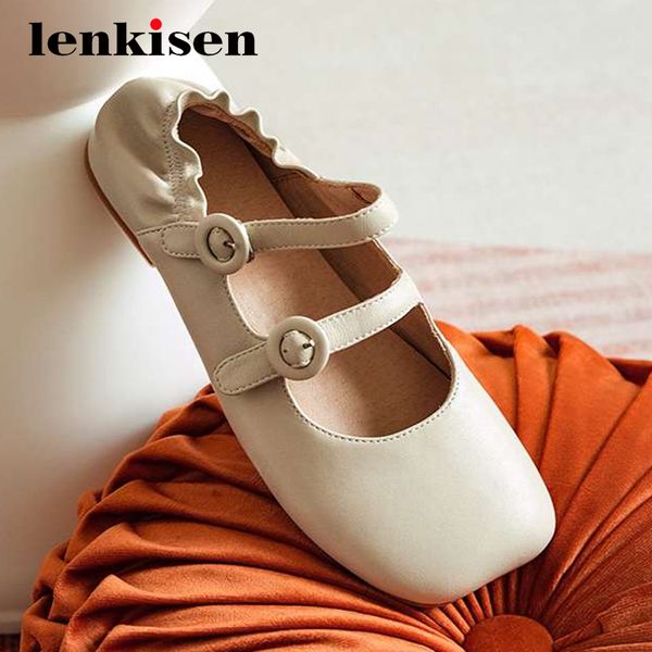 

lenkisen new leisure natural leather buckle decorations square toe low heel buckle straps beauty lady daily wear women pumps l52, Black