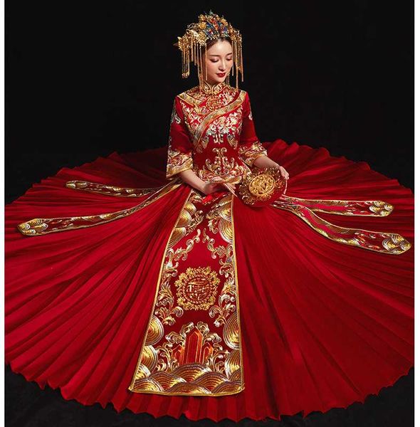 

ethnic clothing china style wedding dress bridal gown embroidery cheongsam elegant toast suits overseas traditional bride qipao dresses wome, Red