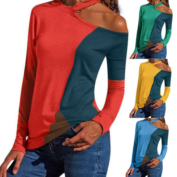 

2019 cross-border european and american new popular womens halter off-shoulder contrasting color fashion slim-fit long-sleeved t-shirt women, White