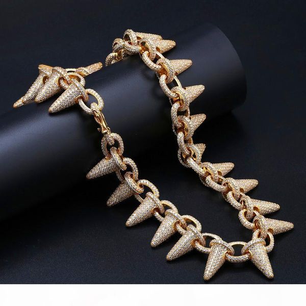 

ice out bling micro pave cz rivet necklace bracelet set for men punk jewelry 18k gold plated hip hop rivets chains bangle, Silver