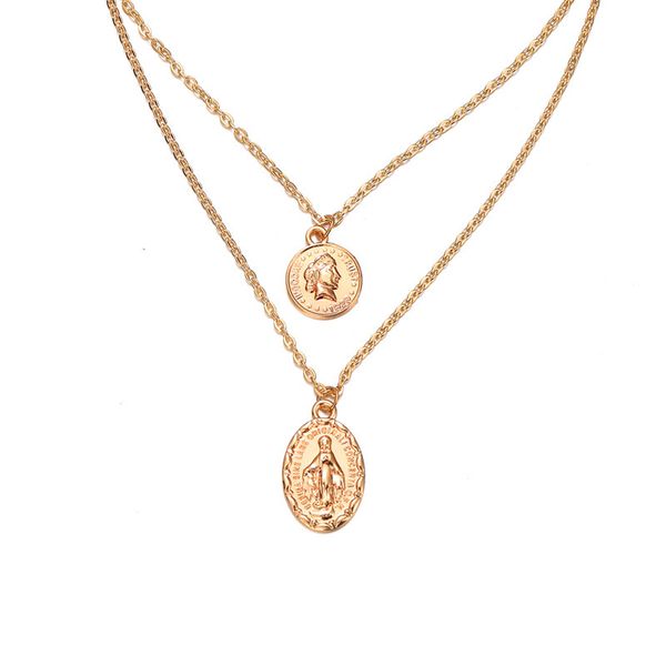 

man queen head double layed pendant necklace for women girls gold color metal coin chokers necklaces party jewelry accessories, Silver