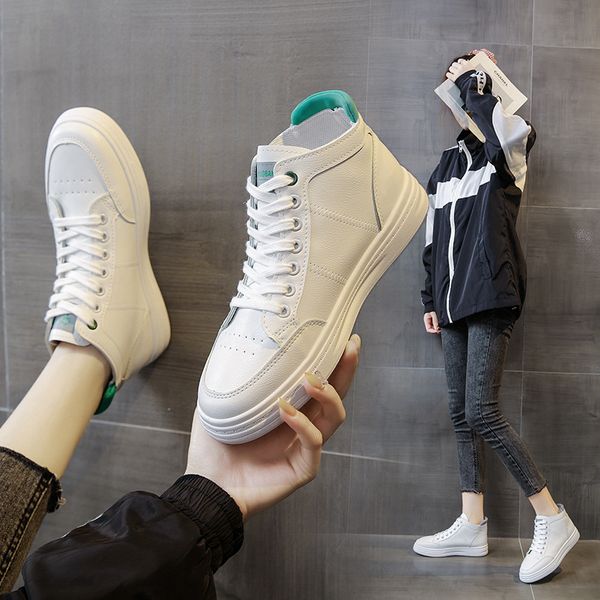 

real soft leather white женская обувь 2020 осень новый корейский студенты высокого верха обуви flat повседневная обувь кроссовки совета моды, Black