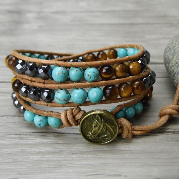 

yellow tiger eye beads bracelet blue beads wrap bracelet hematite men yoga wrap jewelry natural stone, Golden;silver