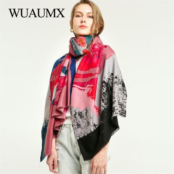 

wuaumx 2020 new scarf women autumn winter ladies scarves double sided graffiti print shawl wrap warm cotton scarf female scarves, Blue;gray