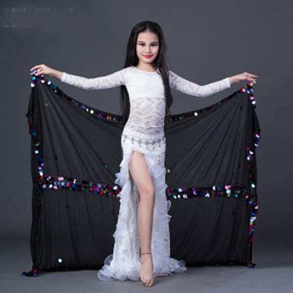 

stage wear kids/children belly dance malaya shawl veils hand-made sewed sequins dancing shawls show props veil bellydance accessory, Black;red