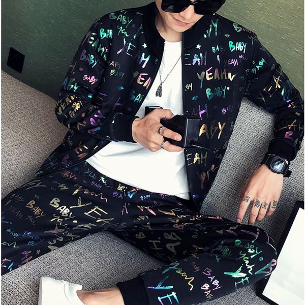 

running sets men colorful stamping flower set for 2 piece sport suit jacket + pants moda hombre 2021 ropa autumn chandal homb, Black;blue