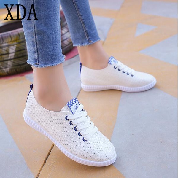 

xda 2020 new style women sneakers breathble vulcanized shoes lady pu mesh lace up casual single shoes round toe white, Black