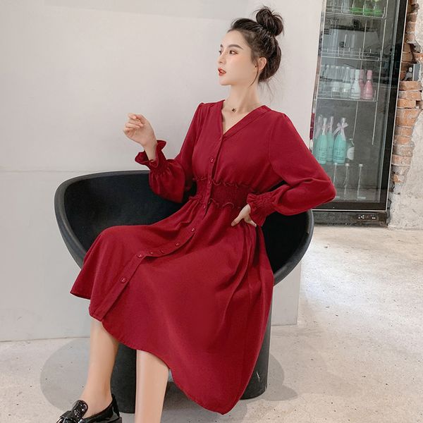 

black/red long lantern sleeve v-neck postpartum women nursing dress stretched waist buttons maternity breastfeeding dress, White