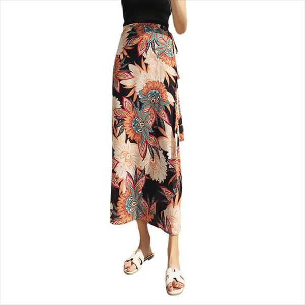 

floral print high split long skirt women one piece summer maxi skirt female tie up boho beach wrap skirts, Black