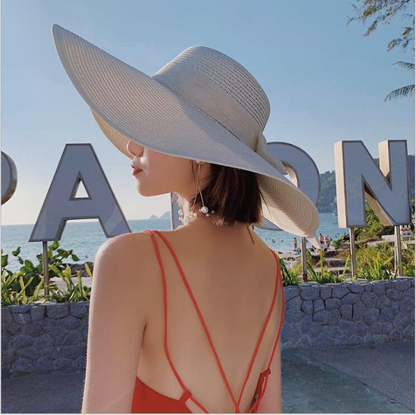 

2020 summer new korean women's big edge sun hat outdoor straw hat foldable bow sun protection, Blue;gray