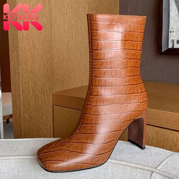 

kemekiss new women high heel boots mid calf boots real leather winter shoes women fashion party footwear size 34-39, Black