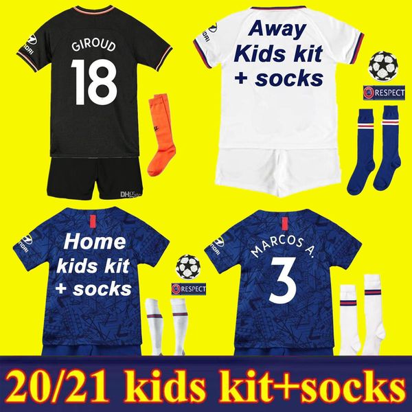 

2019 2020 детей 22 pulisic 7 кант главных прочь третий футбол джерси 19 20 детского набор молодежи 9 abraham # 19 mount футбольной формы, Black