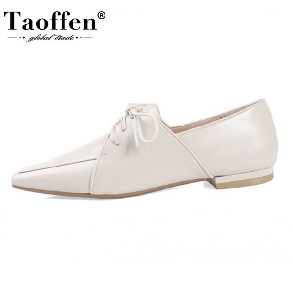 

taoffen genuine leather women flats shoes lace up square toe office lady shoes woman fashion daily work footwear size 34-40, Black