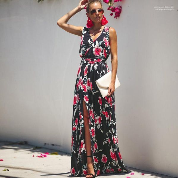 

casual split womens clothing bohemian printed v-neck dresses designer elastic waist womens dress summer fashion, Black;gray