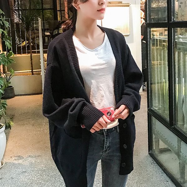 

ins свитер женщины 2019 новая мода весна и осень сыпучие ленивый черный трикотажная кардиган простой корейский стиль длинные открытый продаж, White