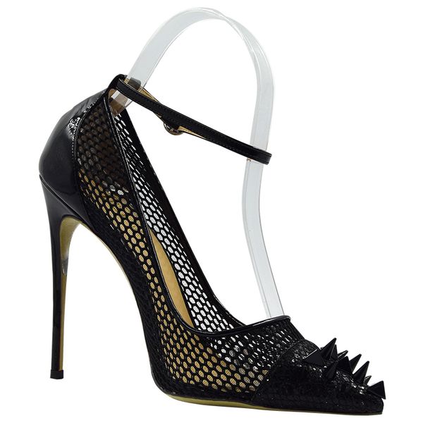 

knockout2020 pointed black mesh toe cloth glitter spikes ankle straps women high heels shoes