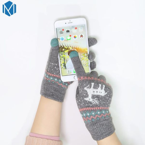 

vintage christmas deer knitted gloves women thicken use screen gloves winter warm snow elk full finger mittens xmas gift luvas, Blue;gray