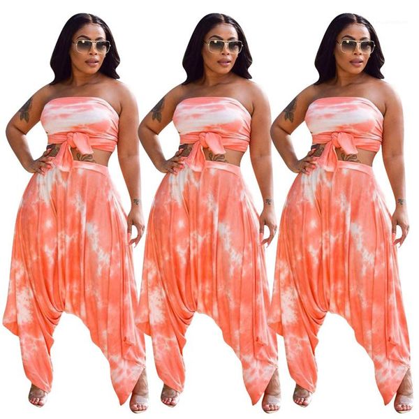 

designer casual suits tie dye printed strapless style pleated pants womens clothing 2 piece set summer womens, White