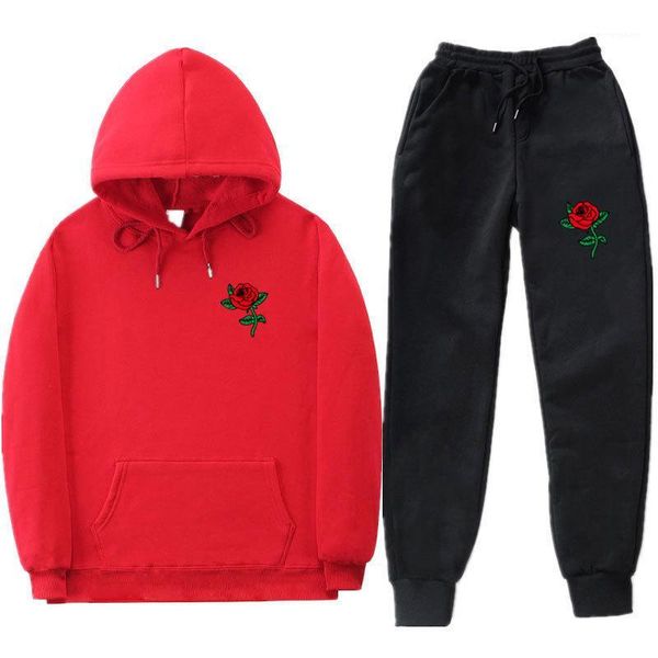 

red rose printed hoodies pants 2pcs suits people are poison rose mens tracksuits spring autumn sports, Gray