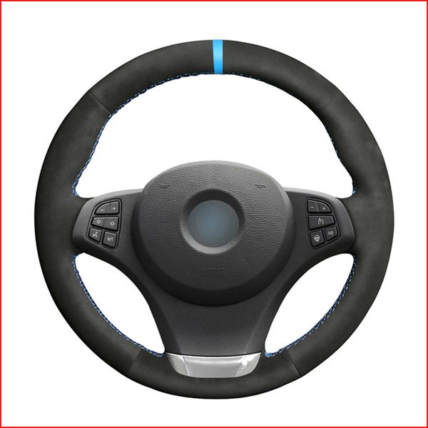 

black suede light blue marker steering wheel cover for bmw e83 x3 2003 2004 2005 2006 2007 2008 2009 2010 e53 x5 2004 2005 2006