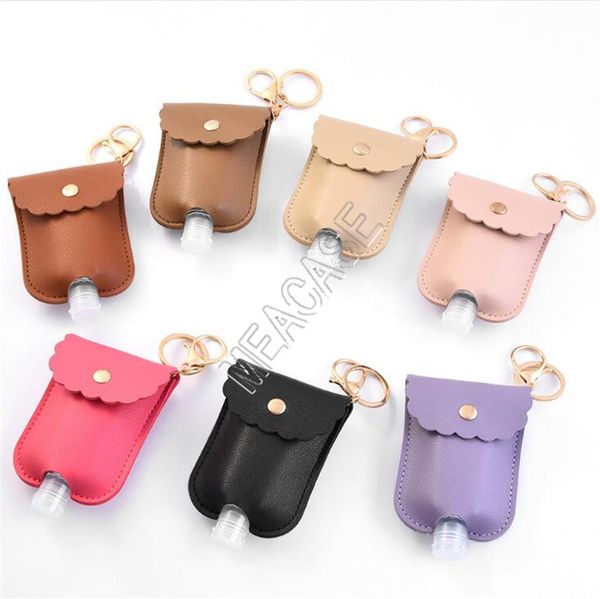 

30ml hand sanitizer bottle with pu leather cover cases sleeve key chain ring bag pendants clear alcohol gel perfume travel bottles d81905