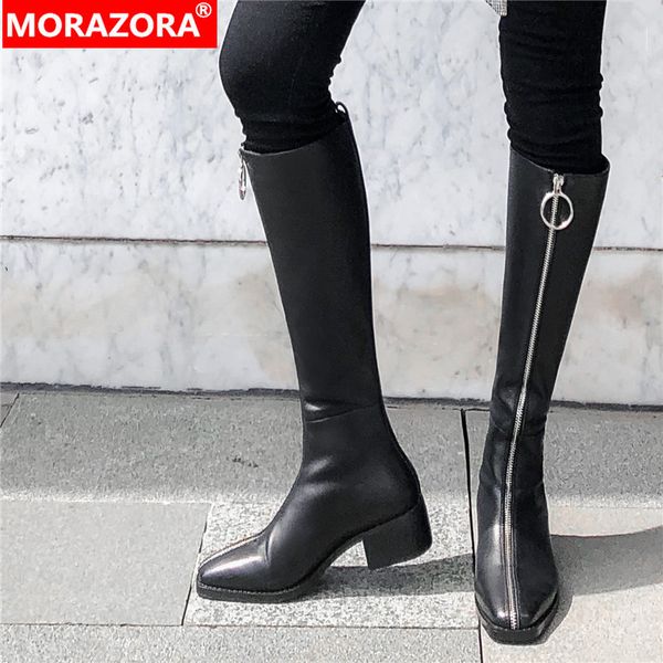 

morazora 2020 winter genuine leather knee high boots fashion med heels square toe black women brand boots
