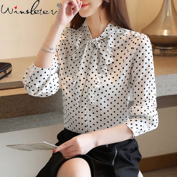 

polka dot woman chiffon shirts 2020 autumn bow stand collar women blouses fashion long sleeve korean style t07812k, White