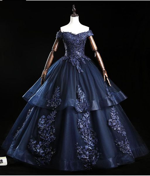 Schulterfreie Quinceanera-Kleider, Prinzessin, zweilagig, Ballkleider, Spitze, Perlen, rückenfrei, Croset, Marineblau, formelles Kleid, Abschlussball, Süße 16 Mädchen