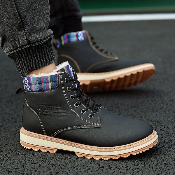 

fashion plush thicken warm ankle boots men casual shoes high leather sneakers men shoes non slip walking cotton boots, Black