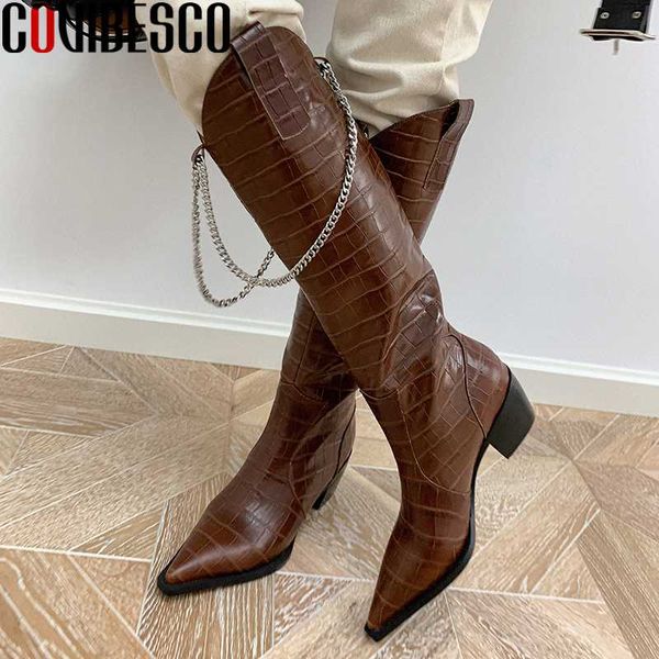 

covibesco женщины колено высокие сапоги мода прохладный западные сапоги цепь заостренный носок обуви женщина осень зима новый натуральная ко, Black