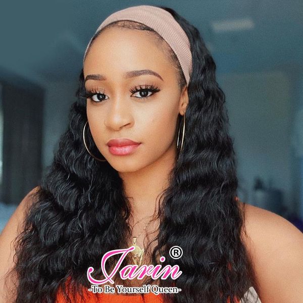 

headband human hair wig deep wave wigs 100% remy hair deep curl wig machine made for black women jarin bulk sale, Black;brown