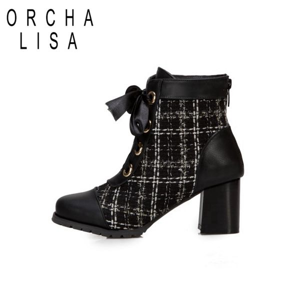 

orchalisa autumn mid-calf boots round toe chunky heel pu cross-tied gingham big size 34-46 black beige date work daily c2009