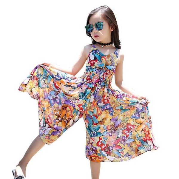

children's sling dress girls summer broad-legged pants flower printing high waist bohemian jumpsuits dress girls beach dresses, Red;yellow