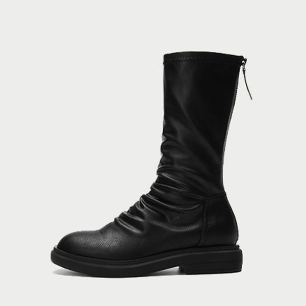 

autumn thin section elegant round head folded surface women boots 2020 new fashion calf height leather women casual boots, Black