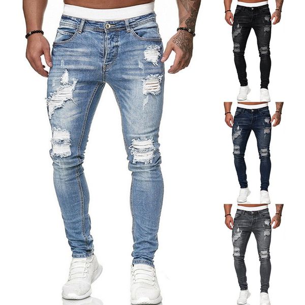 

dropshipping men's sweatpants hole jeans pants casual summer autumn male ripped skinny trousers slim biker outwears pants, Blue