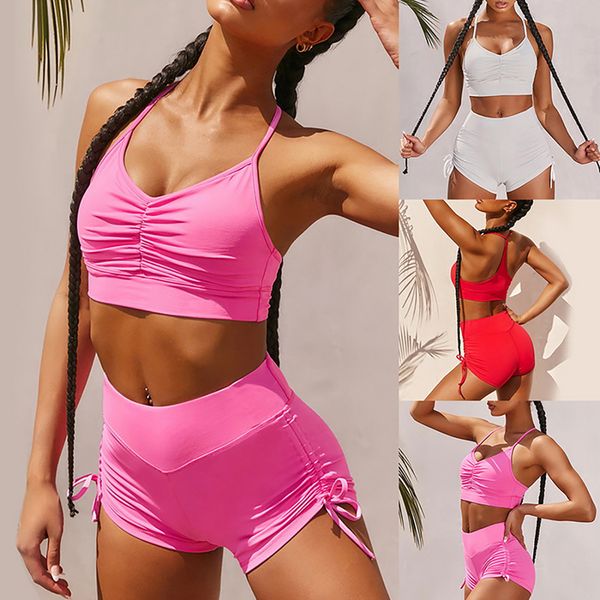 

2 pcs/set women seamless yoga sets fitness sports suits gym clothes breathable bra female running leggings workout set short+top, White;red
