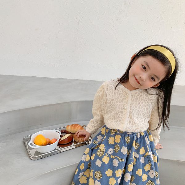 

2020 fashion kids puff sleeve cardign lace crochet flowers for children's clothing lovely girls outfit toddler, Blue