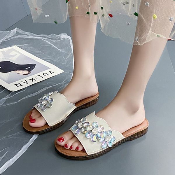 

woman comfortable tpr sole slippers dropshipping soft leather flat slippers women crystal flowers slip on casual slides shoes, Black