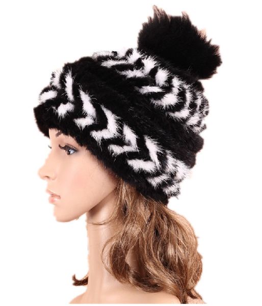 

knitted autumn winter hat with pom pom fur gray white brown natural ladies fashion warm fur mink cap h924, Blue;gray