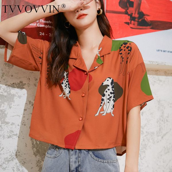 

tvvovvin dog animal print korean woman shirts casual short sleeve lapel button up summer blouse women and blouses mxzp, White