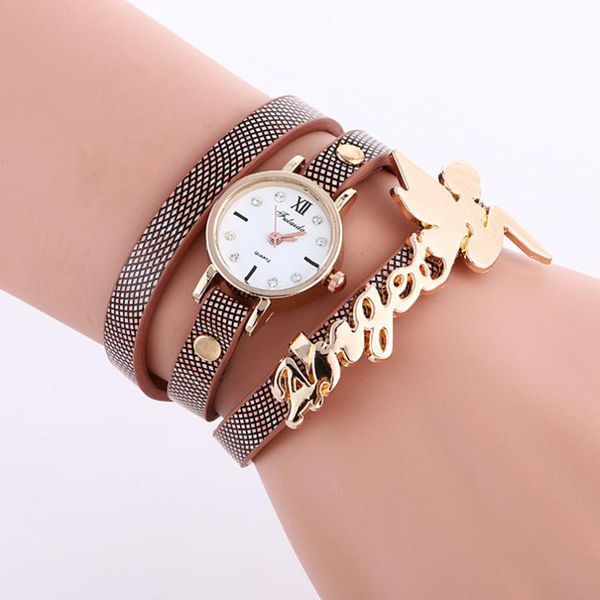 

100pcs/lot fashion wholesale new leather bracelet watch women gold angel girl fashion watch electronic quartz wristwatch, Slivery;brown