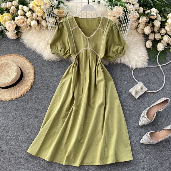 

women's preppy dress, casual, v-neck, lace waist, fitted, knee length, inflated short sleeves, retro knee length dress for women, Black;gray
