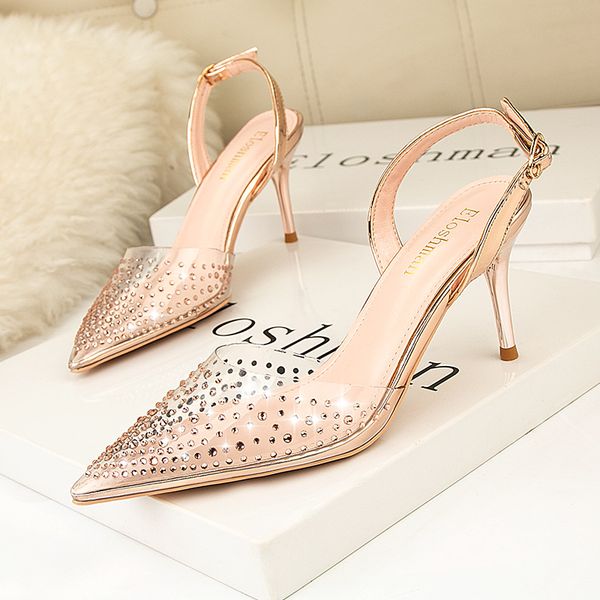 

nice2020 simple 899-26 style pointed shallow mouth high-heeled shoes transparent rhinestone fashion sandals thin heel hollow wom, Black