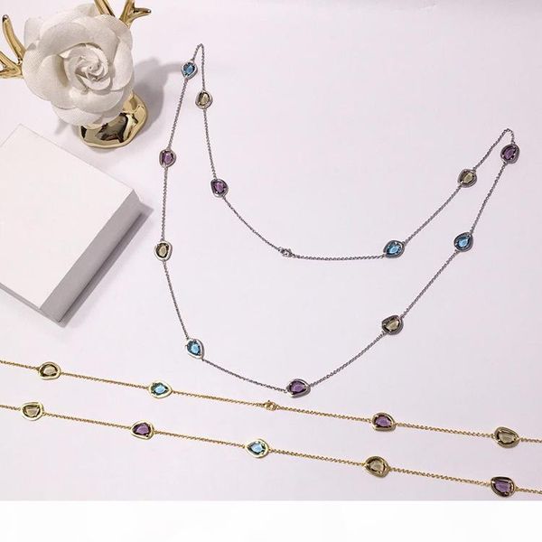 

foreign trade jewelry copper inlaid artificial crystal color necklace irregular cut long necklace girl sweater chain birthday gift, Silver