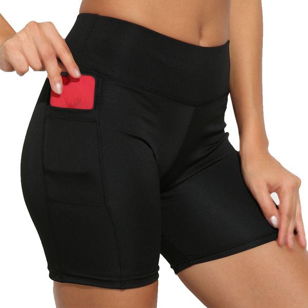 

knee length yoga pants high waist women biker shorts solid color stitching fitness yoga leggings shorts with pocket flex leggins, White;red