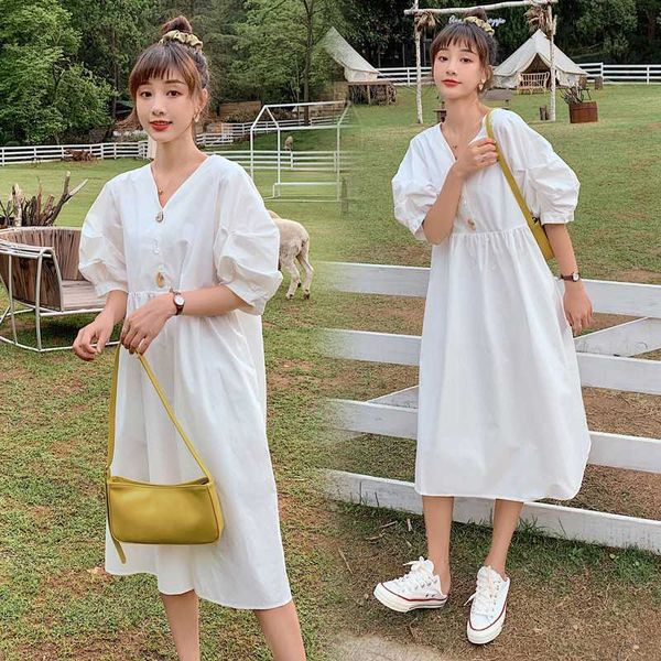 

8166# maternity clothes summer cotton short sleeve loose stylish dress for pregnant women pregnancy clothes, White