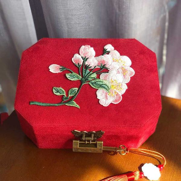 

vintage embroidery flower jewelry box women octagonal flocked jewel case rings bracelet organizer valentine's day wedding gift, Pink;blue